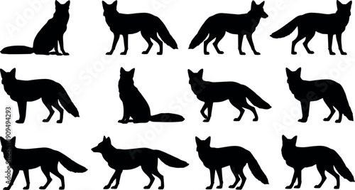 A collection of black fox silhouettes on a white background