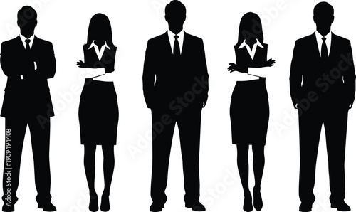 Professional business team silhouettes in formal attire standing together, ideal for corporate branding, teamwork concepts, leadership visuals, office 