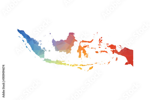Indonesia Map - Polygon Style Vector Illustration in Rainbow Gradient, Low Poly Multicolor Geometric Design, Isolated on White Background, Suitable for Reports, and Creative Projects.