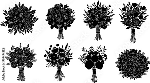 Flower bouquet silhouettes set, floral arrangement collection, wedding decoration, romantic botanical design, isolated black vector icons bundle