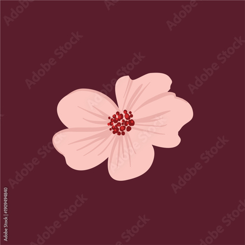 Minimalist Pink Cherry Blossom Flower Vector Illustration with Red Center Isolated on Dark Background for Elegant Botanical Brand Logo Design