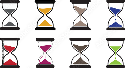Various stylized Hourglass icon with sand clip art collection with classic curved shape, time limit or countdown concept for time-related applications and user interfaces, flat vector format.