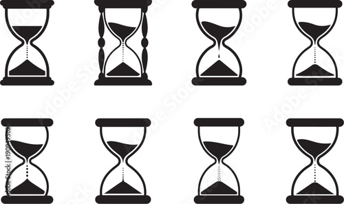 Various stylized Hourglass icon with sand silhouettes collection, time limit or countdown concept for time-related applications and user interfaces, flat vector format.