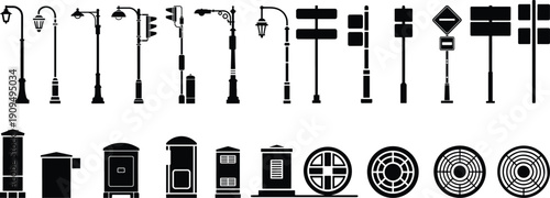 Various stylized essential street infrastructure elements silhouettes collection, for technical documentation or city planning materials. flat vector format.