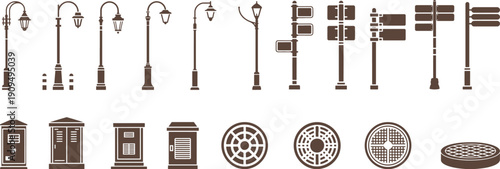 Various stylized essential street infrastructure elements silhouettes collection, tall street lamp,  lantern head, utility box, for technical documentation or city planning materials.