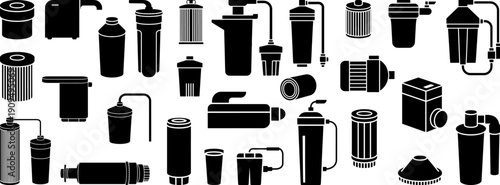 Various stylized Water filtration silhouettes collection, including filter cartridge, purifier unit, sediment filter, RO membrane housing, for instructional or commercial use flat vector format.