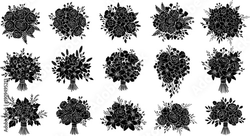 Flower bouquet silhouettes set, floral arrangement collection, wedding decoration, romantic botanical design, isolated black vector icons bundle