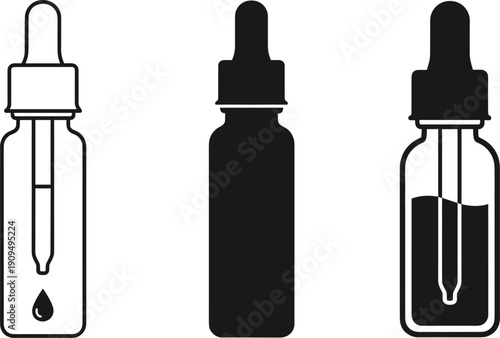 Glass Dropper Bottle Icon Set with Liquid Serum Cosmetic Container Symbols Collection