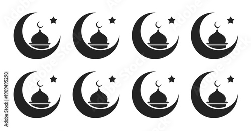 Collection of Islamic crescent moon mosque dome and star vector icons for Ramadan and Eid celebration design, top ranked holiday visuals, invitation templates, event posters, digital wallpapers