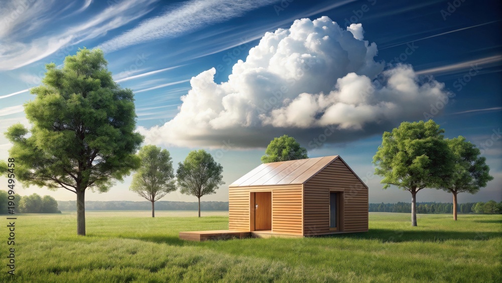 Obraz premium Sustainable Wooden Cottage in a Serene Meadow Landscape Under a Dramatic Sky