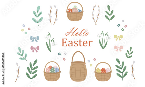 Easter greeting with decorative elements and painted eggs in baskets