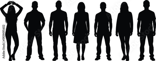 Collection of men and women silhouettes standing in different casual poses isolated on white background, black vector people set