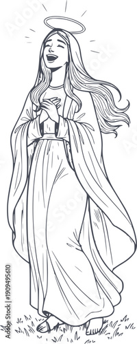 joyful virgin mary laughing out loud while praying in a hand drawn style with black fill lines and no white fills for versatile design use symbol illustration icon