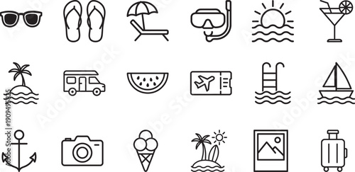 Summer icons set with sun, beach, travel and vacation symbols for seasonal design projects.