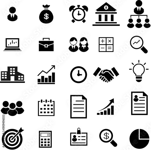 Finance and business solid icon set featuring money bag, bank building, wallet, growth and decline charts, statistics, calculator, target, handshake, light bulb idea, document, pie chart, and team man