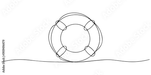 Lifebuoy with Stripes continuous one line drawing, Single continuous line drawing lifebuoys, rescue belts, inflatable rubber ring with rope for help and safety of life drowning. Rescue ring for quick.