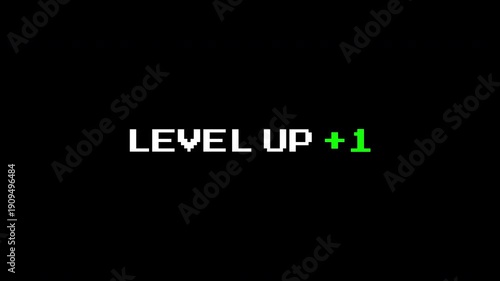 Level up pixel 1 displayed in pixelated text over a black background. Perfect for gaming content, tutorials, or enhancing digital designs.