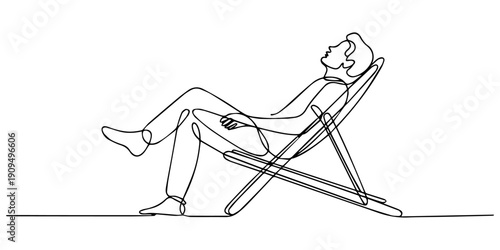 continuous line drawing of man drinking cocktail and sitting on deck chair by the beach isolated on white background vector illustration, A man sits on a beach chair, one continuous line. One line pro
