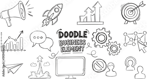 Business Doodle Elements Set with Rocket Megaphone Target and Growth Charts Vector Sketch