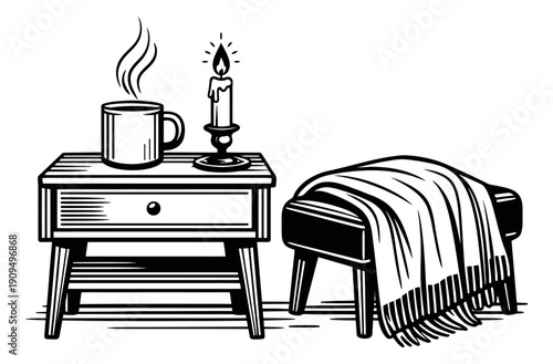 Retro style line art illustration of a bedside table with cozy items depicting a steaming mug, lit candle and blanket for comfort and evening relaxation