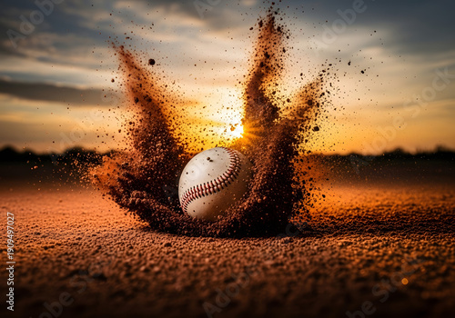 A baseball lies in the dirt on a baseball field at sunset