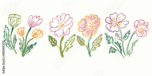 Sketch crayon style modern simple flower art poster or placard collection. Ink, charcoal, pencil or chalk style Colorful hand drawn flowers illustration set. 