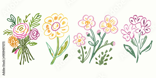 Sketch crayon style modern simple flower art poster or placard collection. Ink, charcoal, pencil or chalk style Colorful hand drawn flowers illustration set. 
