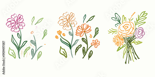 Sketch crayon style modern simple flower art poster or placard collection. Ink, charcoal, pencil or chalk style Colorful hand drawn flowers illustration set.