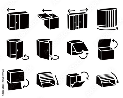 Various ways to open a box shown in silhouette icons