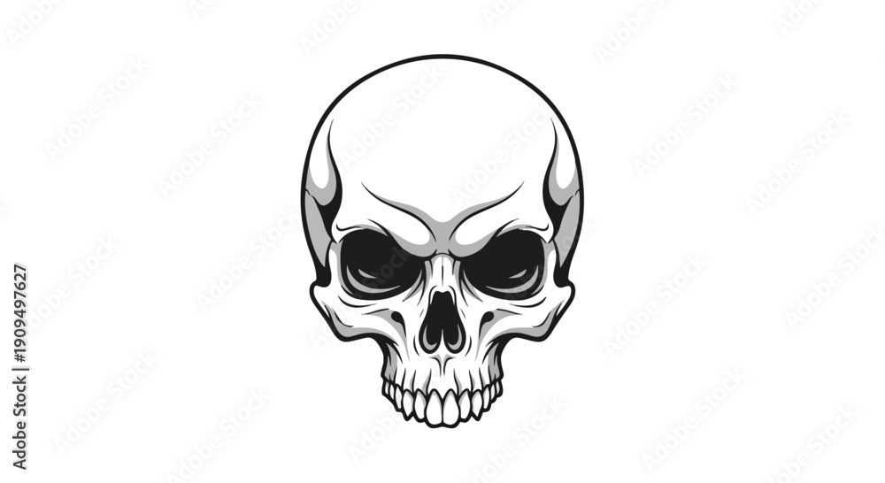 Obraz premium Black and white illustration of a human skull with a menacing expression on a plain white background.