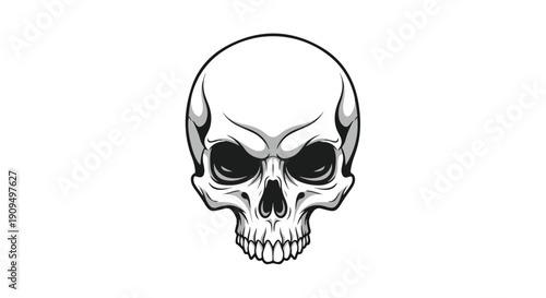 Black and white illustration of a human skull with a menacing expression on a plain white background.