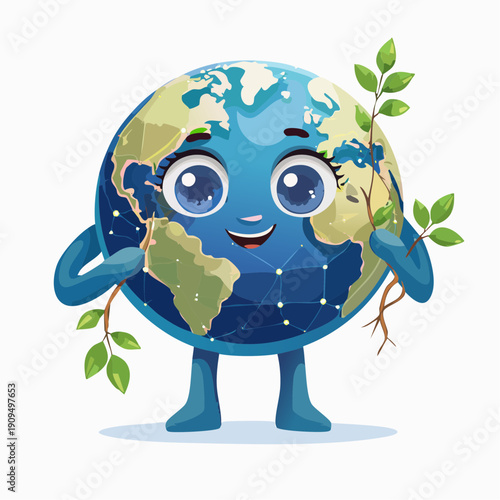 Happy cartoon Earth character holding green saplings for environmental conservation