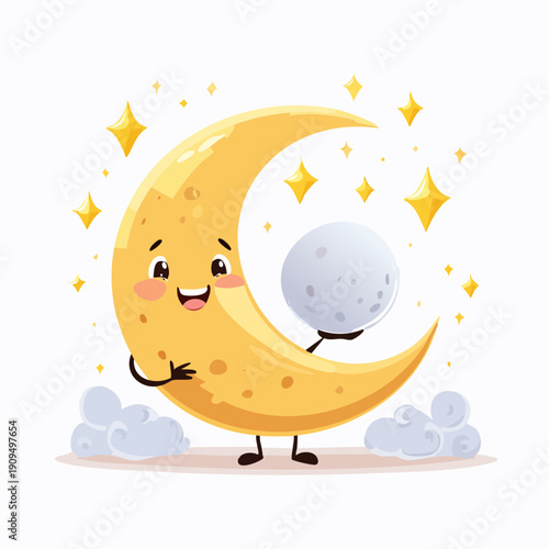 Charming Cartoon Crescent Moon Character Playfully Cradling a Miniature Full Moon Amidst Sparkling Stars and Whimsical Clouds