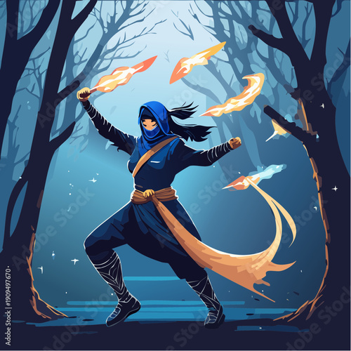 Ninja Warrior in Dark Forest with Fiery Projectiles