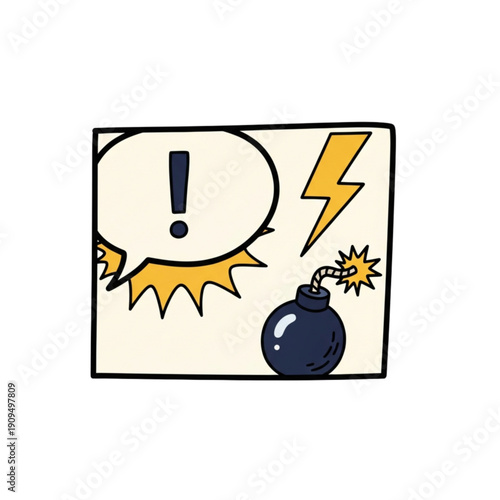 Comic panel illustration with an exclamation mark speech bubble, lightning bolt, and a lit bomb.