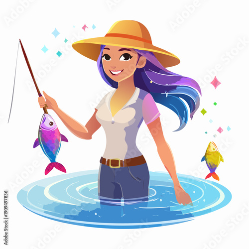 Illustration of a woman fishing in water with colorful fish around her