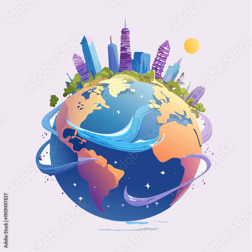 Global Urbanization Modern City Skylines Flourishing on a Stylized Earth with Connecting Swirls