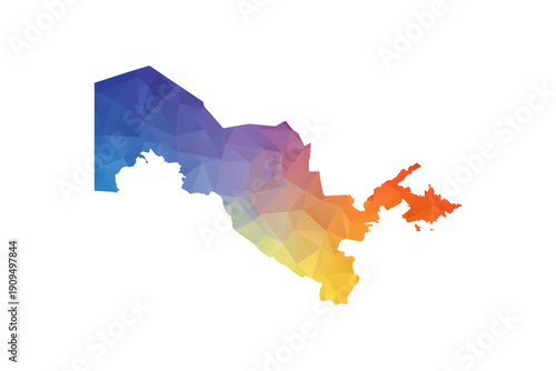 Uzbekistan Map - Polygon Style Vector Illustration in Rainbow Gradient, Low Poly Multicolor Geometric Design, Isolated on White Background, Suitable for Reports, and Creative Projects.
