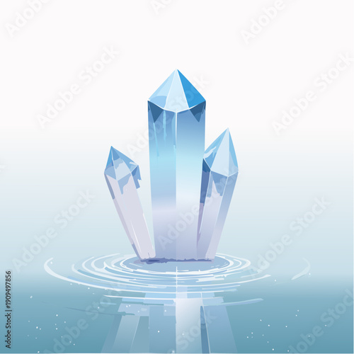 Illustration of a mystical blue crystal cluster emerging from rippling water