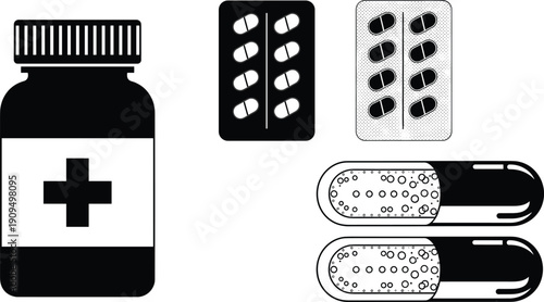 Medicine Bottle Blister Pack and Capsule Icon Set with Pharmacy Healthcare Symbols Collection