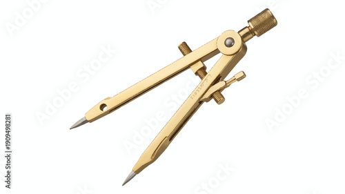 A professional product photograph of a brass drafting compass tool against a pure white background (2)_traced