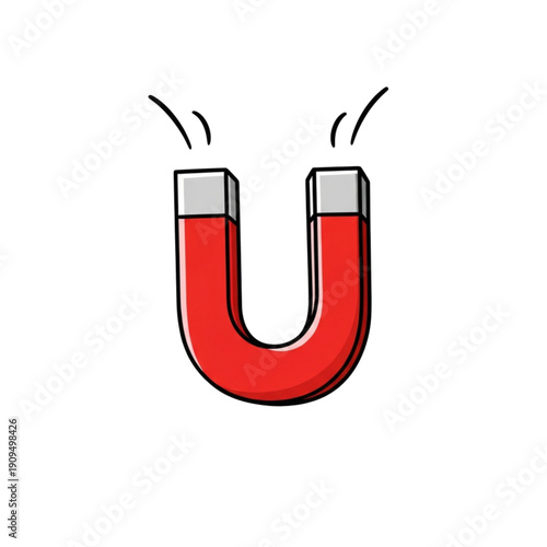 A vibrant red horseshoe magnet with subtle magnetic field lines indicating its attractive force.