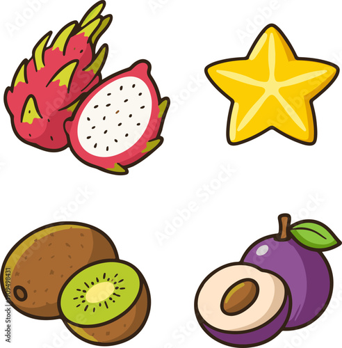 Cute Fruit Sticker Set Vector Illustration