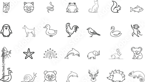 A collection of 20 simple line drawings of various animals and objects