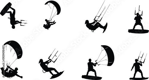 Kitesurfing Silhouette Collection with Kiteboard Riders Performing Tricks Isolated on White Background Vector Illustration for Extreme Water Sport Design