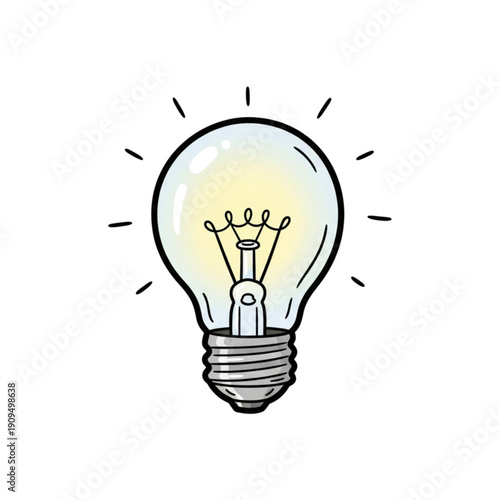 Brightly glowing cartoon lightbulb illustration with visible filament and screw base, emitting light rays on a white background.