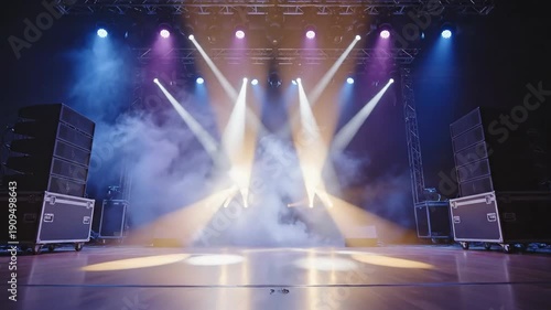 Empty stage illuminated by spotlights and fog effects for entertainment
