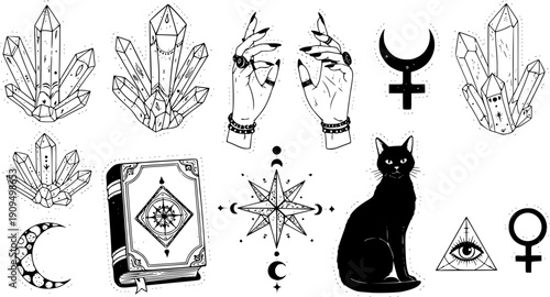 Magic elements. Mystical Halloween sticker. Hand drawn boho esoteric crystals, witch hands, magician book, cat, magical star, female mystical symbols. Vector set
