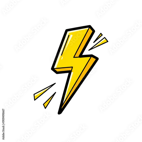 Vibrant yellow lightning bolt doodle with black outline and energy lines on a white background.