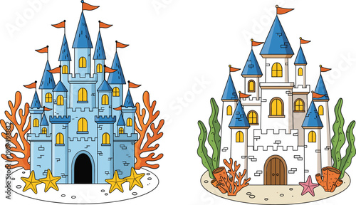 Underwater fantasy castles with coral reef vector illustration marine fairytale architecture design